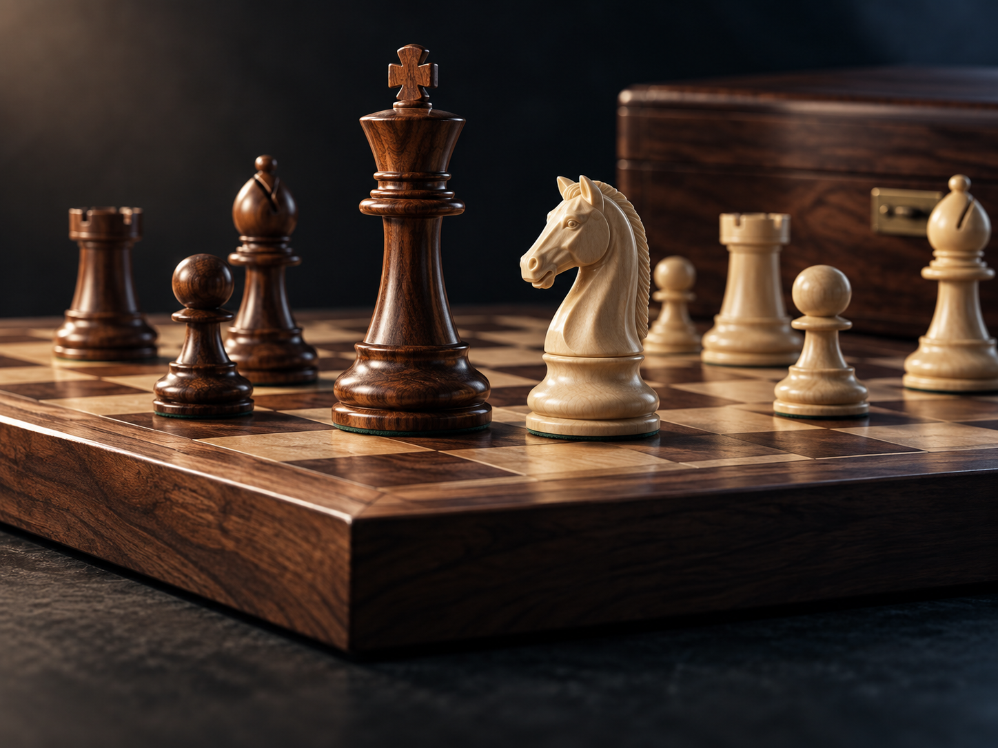 Illustrative wooden chess set with a walnut king and pale knight on a chessboard.